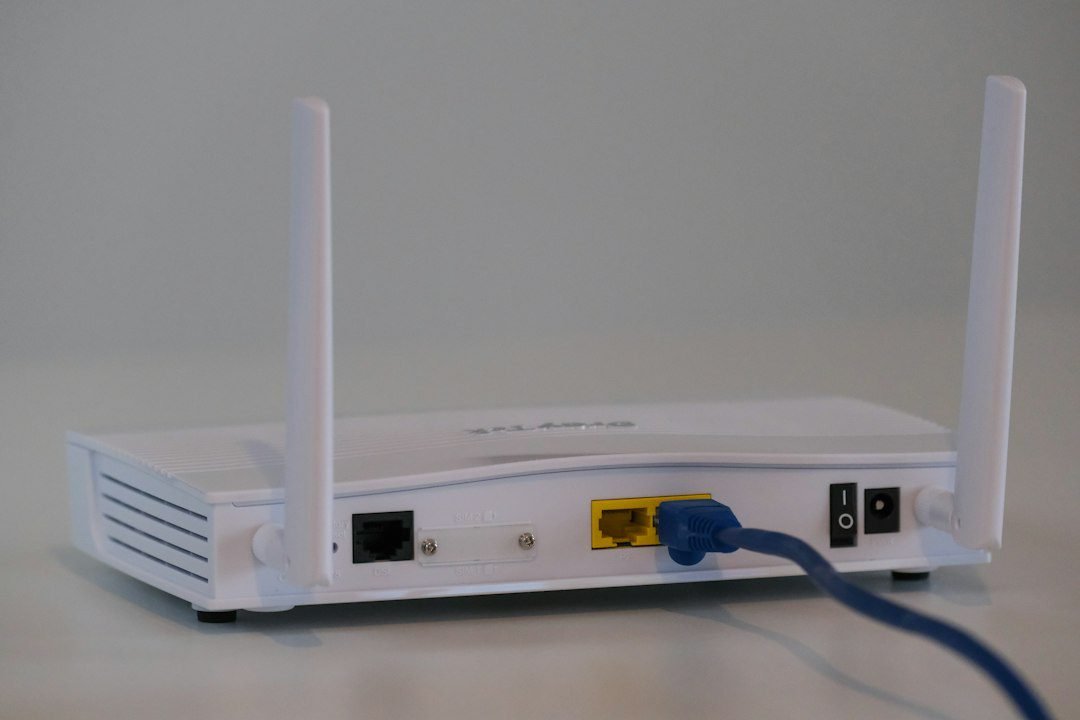Parte posterior de un router con puertos Ethernet y cable de red.